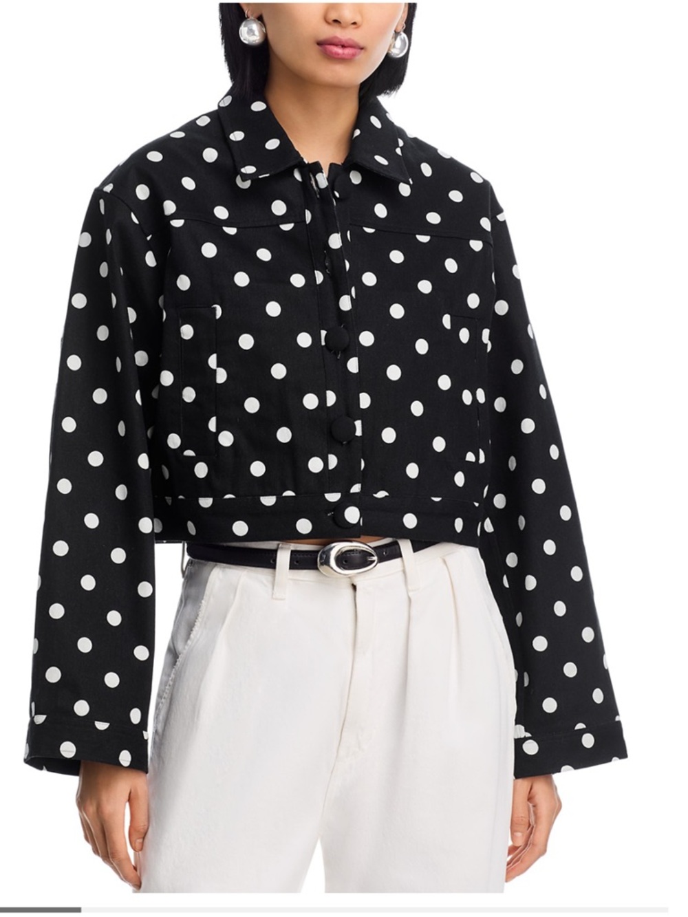 Polka Dot Cropped Button Jacket - Black & White